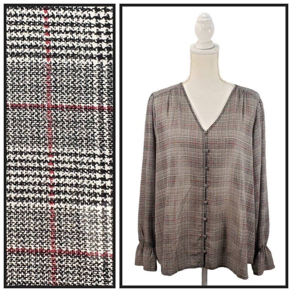 Maurices Women’s Large Plaid V-Neck Button Front Blouse Long Sleeve - Picture 1 of 11